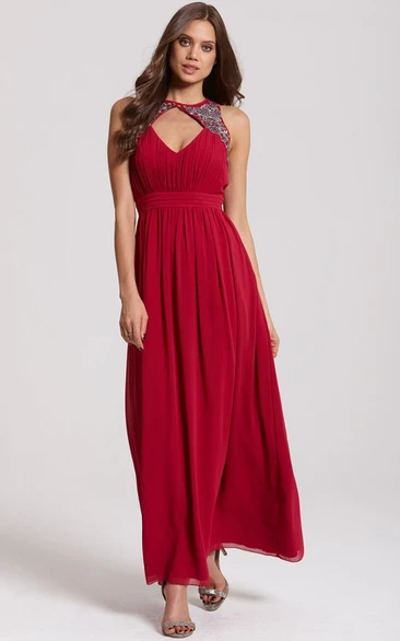 Ankle-Length High Neck Sleeveless Ruched Chiffon Bridesmaid Dress With Straps