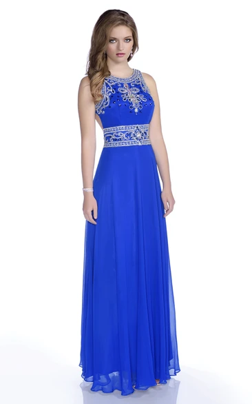 A-Line Chiffon Crystal Trim Sleeveless Prom Dress With Keyhole Back