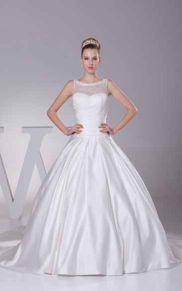 Sleeveless Ruched A-Line Ball Gown With Illusion Neckline and Keyhole Back