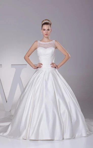 Sleeveless Ruched A-Line Ball Gown With Illusion Neckline and Keyhole Back
