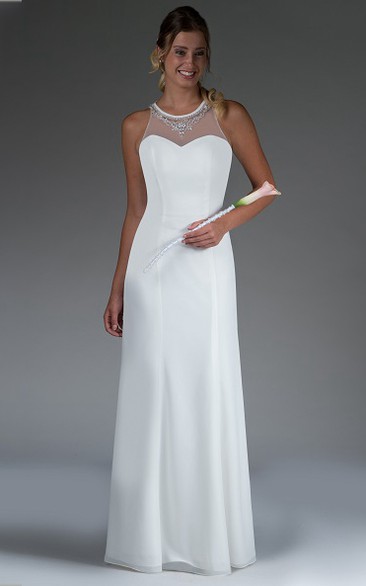 Jewel Neck Sleeveless Long Tulle Bridesmaid Dress With Crystals