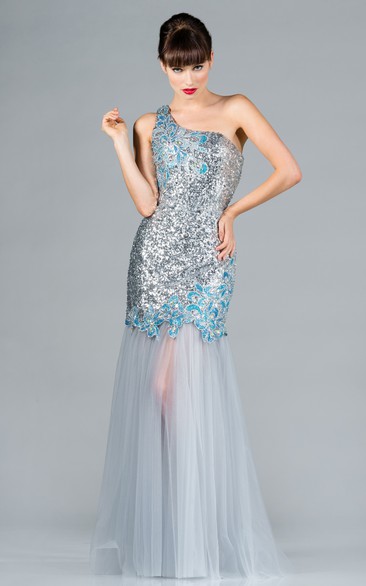 Sheath Long One-Shoulder Sleeveless Tulle Dress With Sequins And Pleats