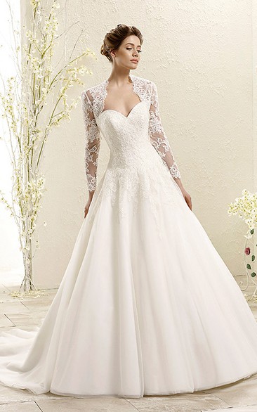 Ball Gown Long-Sleeve Sweetheart Lace Wedding Dress With Illusion