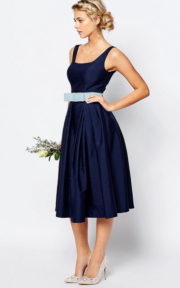A Line Pleated Short Mini Strapped Sleeveless Satin Bridesmaid Dress With Bow