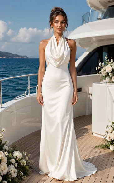 Ivory Halter Satin Sheath Wedding Dress with Draping
