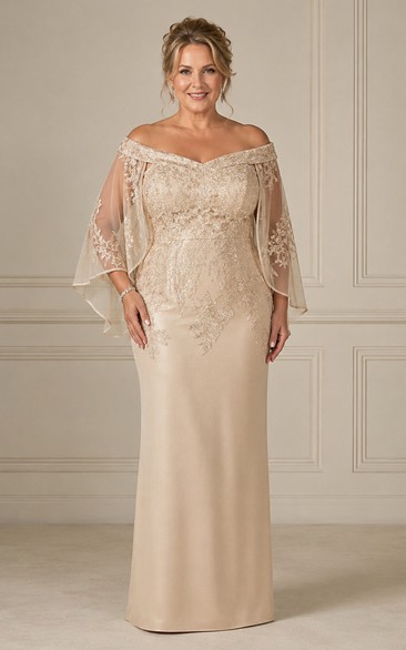Sheath Off-the-Shoulder Half Sleeve Satin Mother Dress with Cape