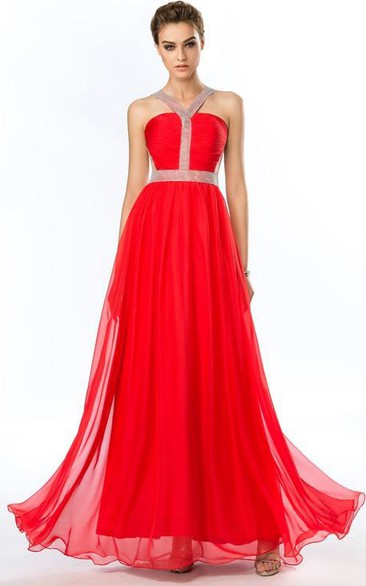 Popular Sheer Back Beading Halter A-Line Prom Dress
