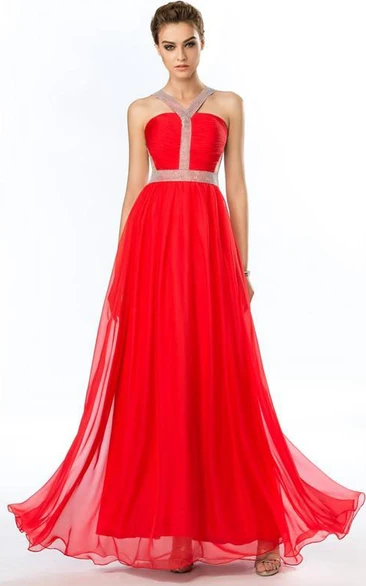 Popular Sheer Back Beading Halter A-Line Prom Dress