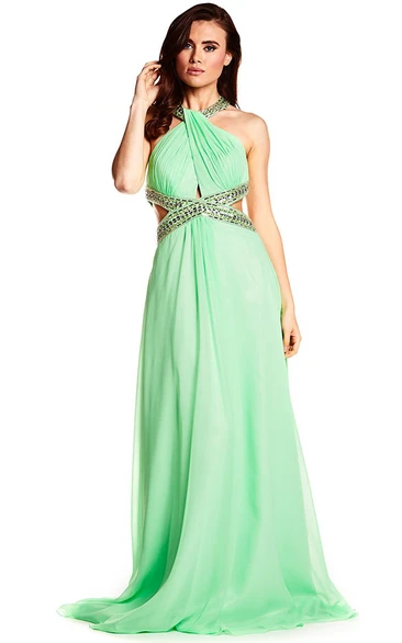 Halter Sleeveless Beaded Chiffon Prom Dress With Brush Train