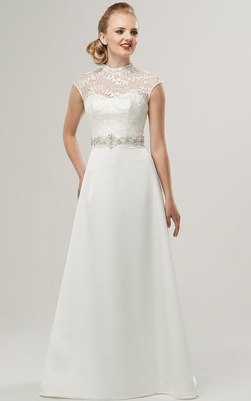 A-Line Jeweled High-Neck Cap-Sleeve Floor-Length Satin&Lace Wedding Dress With Bow
