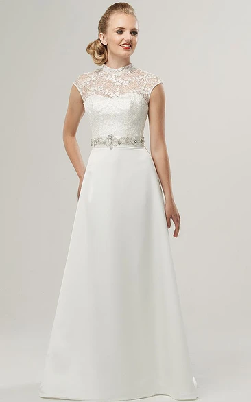 A-Line Jeweled High-Neck Cap-Sleeve Floor-Length Satin&Lace Wedding Dress With Bow