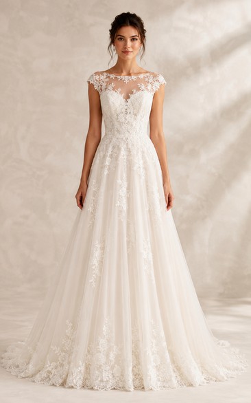 Cap Sleeve Lace A-Line Wedding Dress with Illusion Bateau Neck and Chapel Train