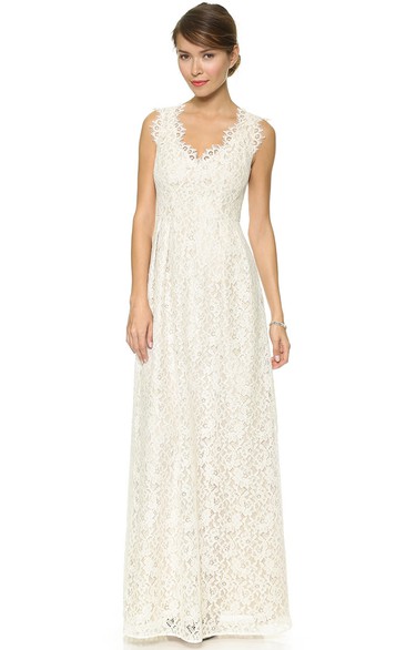 Long Neckline Sheath Lace Vow Renewal Dress With Side Draping