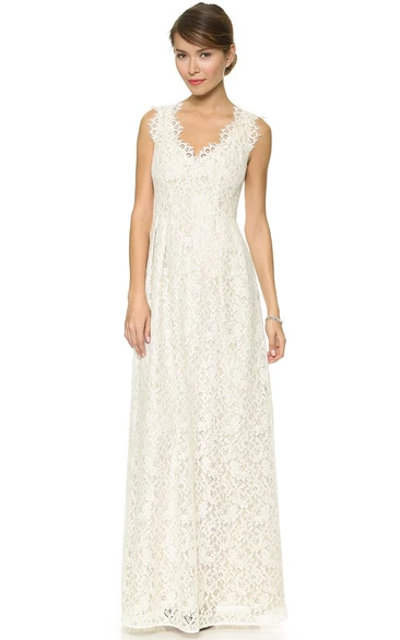 Long Neckline Sheath Lace Vow Renewal Dress With Side Draping