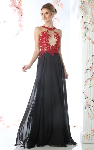 Muti-Color A-Line Maxi Jewel-Neck Sleeveless Chiffon Keyhole Dress With Appliques