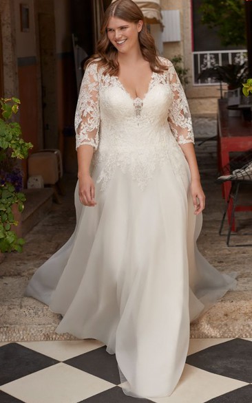 Romantic Lace A Line Floor-length Train 3/4 Length Sleeve Wedding Dress with Ruching