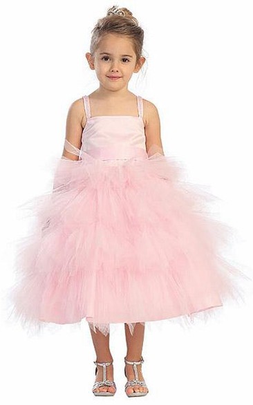 Spaghetti Tea-Length Beaded Tulle&Satin Flower Girl Dress