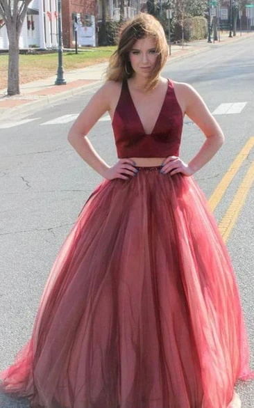 Simple Floor-length Sleeveless Tulle Two Piece Zipper Prom Dress with Bow