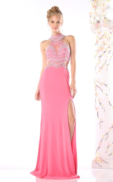 Sheath Maxi High Neck Jersey Keyhole Dress With Crystal Detailing And Split Front