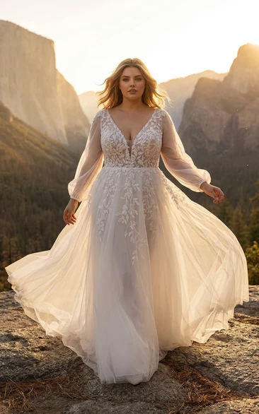 Plus Size Boho Long Sleeve A-Line Wedding Dress with V-Neck Lace Bodice and Tulle Skirt