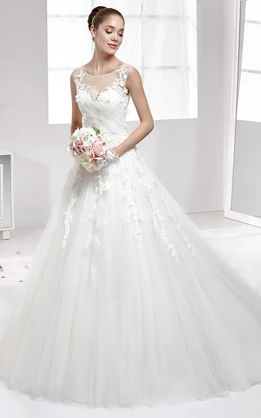 Jewel-Neck Lace Appliqued A-Line Gown With Illusive Neckline And Brush Train