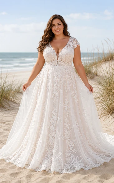Robe de mariée de plage grande taille en dentelle et tulle, coupe trapèze, col en V et bretelles