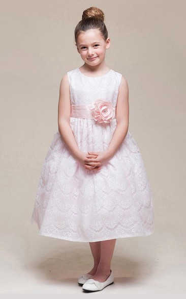 Tea-Length Floral Beaded Lace Flower Girl Dress With Ribbon
