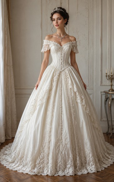 Off-the-Shoulder Lace Ball Gown Vintage Wedding Dress