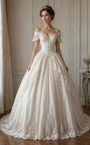 Off-the-Shoulder Lace Ball Gown Vintage Wedding Dress
