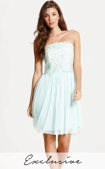 Short Appliqued Strapless Tulle Bridesmaid Dress