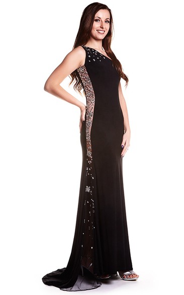 Long V-Neck Beaded Jersey Prom Dress With Sweep Train