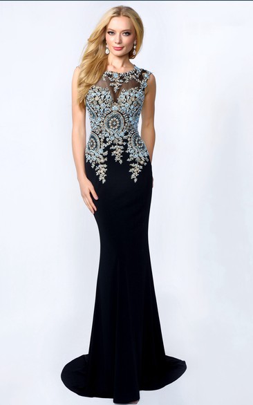 Sheath Scoop-Neck Sleeveless Jersey Illusion Dress With Beading