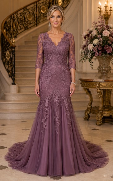 Mauve Mermaid Lace 3/4 Sleeve Train Mother Dress