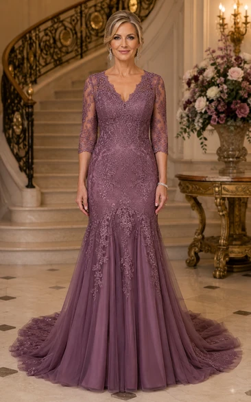 Mauve Mermaid Lace 3/4 Sleeve Train Mother Dress
