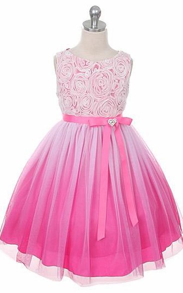 Tea-Length Broach Tiered Flower Girl Dress
