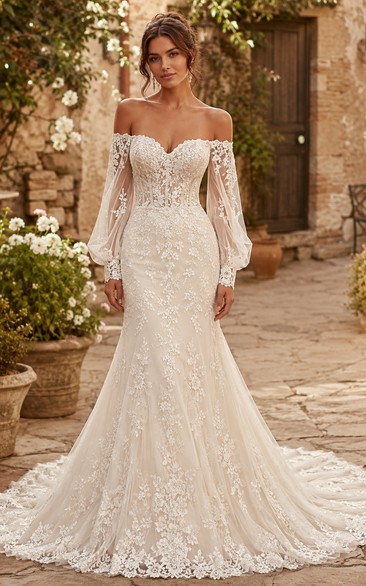 Boho Off-the-Shoulder Mermaid Wedding Dress with Floral Lace, Long Bishop Sleeves & Fitted Train