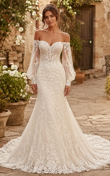 Boho Off-the-Shoulder Mermaid Wedding Dress with Floral Lace, Long Bishop Sleeves & Fitted Train