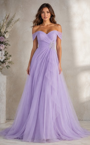 Lilac Off Shoulder Prom Gown with Flowing Tulle Skirt and Beaded Waist Detail