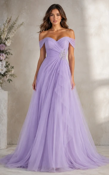 Robe de bal lilas à épaules dénudées avec jupe en tulle fluide et détails perlés à la taille