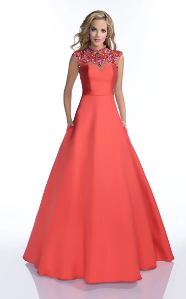 Cap Sleeve A-Line Satin Gown With Sophisticated Neck