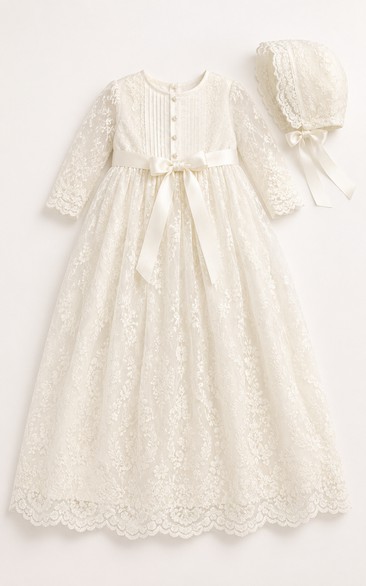 Baby Christening Gown Modest Princess Ball Gown Long Sleeve Illusion Tulle Lace Floor-Length with Bow Sash in Ivory