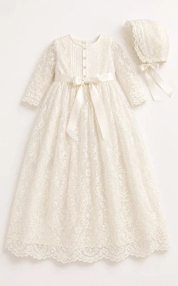 Baby Christening Gown Modest Princess Ball Gown Long Sleeve Illusion Tulle Lace Floor-Length with Bow Sash in Ivory