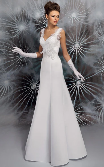 A-Line V-Neck Lace Sleeveless Long Satin Wedding Dress With Low-V Back And Bow