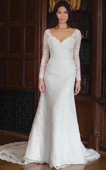 Sheath Maxi V-Neck Long-Sleeve Lace Wedding Dress With Deep-V Back