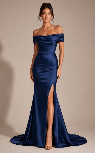 Mermaid Off-the-Shoulder Short Sleeve Satin Prom Dress with Slit