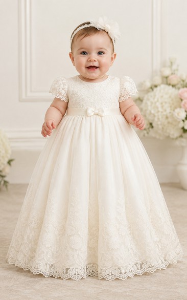 Baby Christening Gown Modest Princess Ball Gown Cap Sleeve Tulle Lace Floor-Length with Bow Sash in Ivory