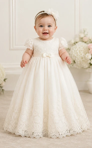Baby Christening Gown Modest Princess Ball Gown Cap Sleeve Tulle Lace Floor-Length with Bow Sash in Ivory