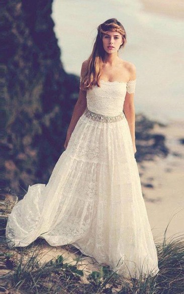 Lace Off-the-shoulder A-line Boho Vintage Wedding Dress with Beadings