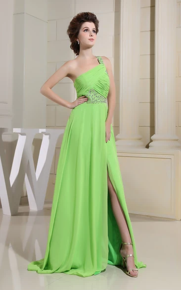 Sleeveless Floor-Length Front-Split Dress With Ruching and Beading