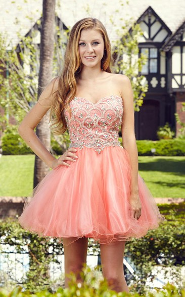 A-Line Short Sweetheart Sleeveless Tulle Satin Dress With Beading And Ruffles